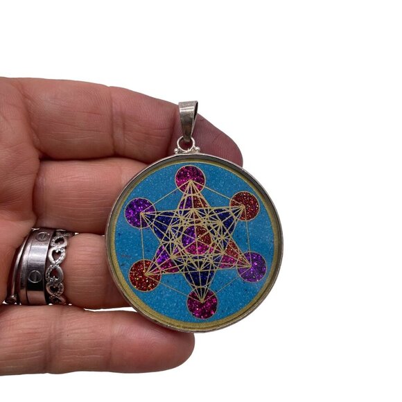 925 Sterling Silver Metatron Cube Socket Turquoise Pendant Celestial Faith - Picture 2 of 4